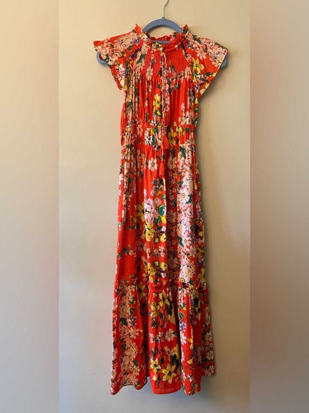 Olivaceous Red Floral Smocked maxi dress